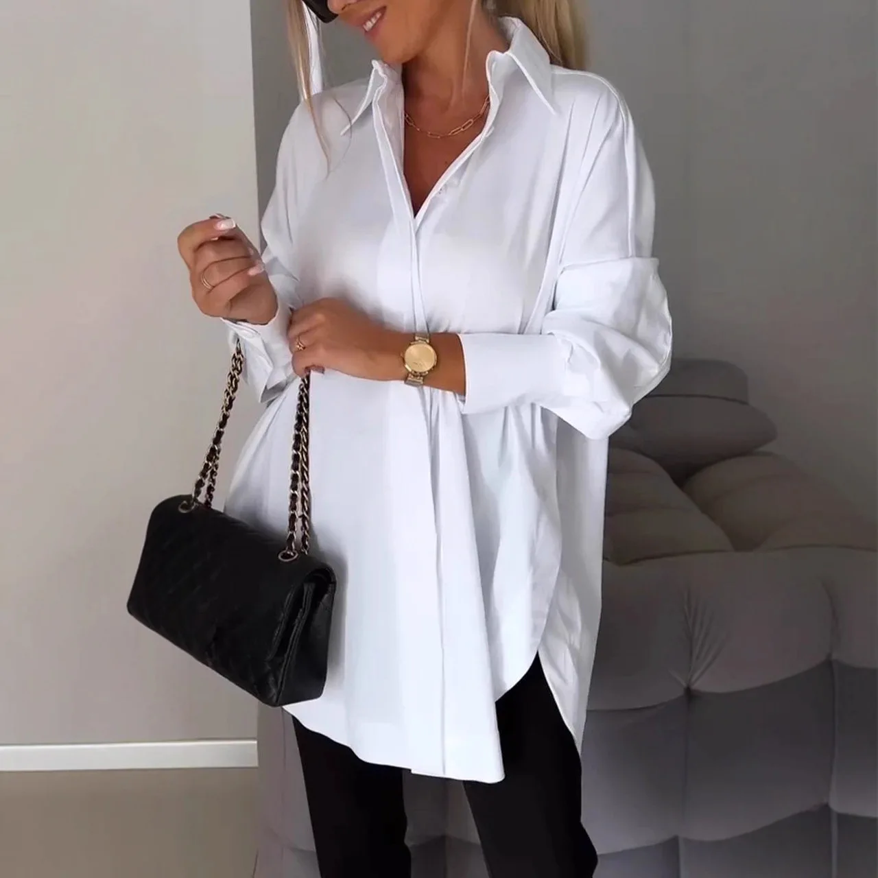 

Изысканная минималистичная легкая драпированная блузка свободного кроя, однотонная универсальная туника.