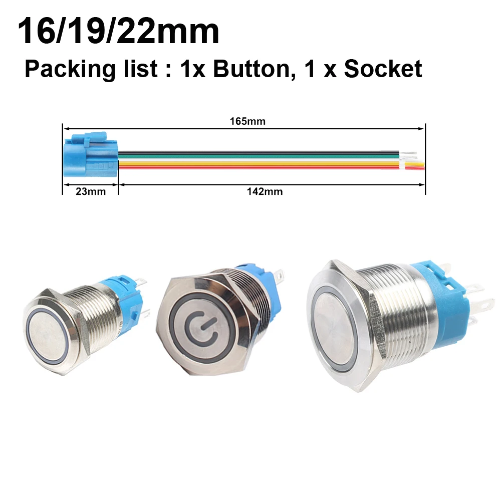 12mm Metal Push Button Switches 16/19/22mm Waterproof Button Switch With Wire 12V 6V 24V 220V LED Latching Momentary Red Blue