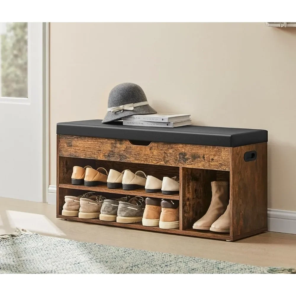 

Entryway Footstool with Cushion, 3 Compartments, Hidden Storage, Shelves, Rustic Brown and Black, Shoe Bench