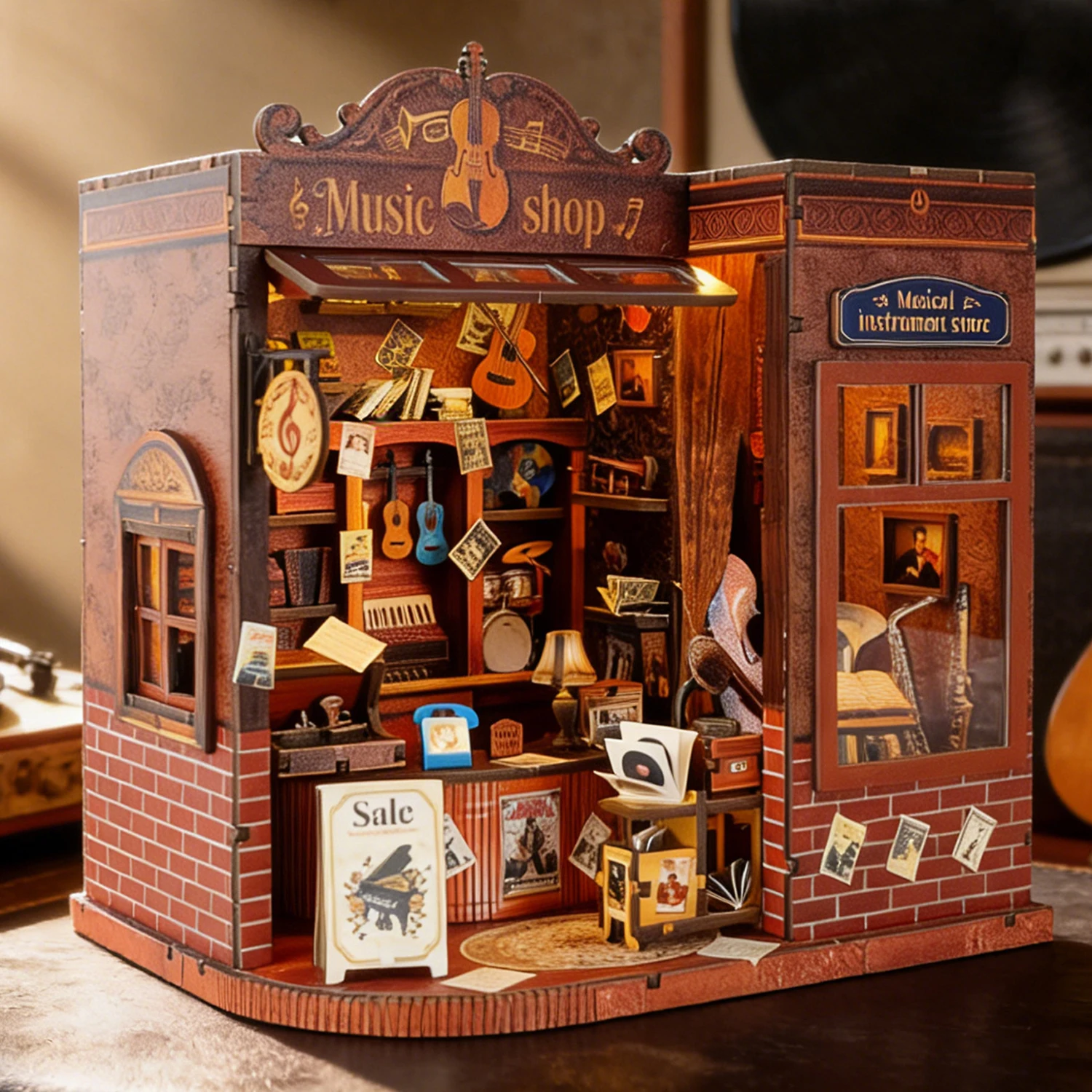 DIY Wooden Musical Instrument Store Figurines Miniatures Bookend Assembled Houses for Friends Birthday Gifts Home Decoration