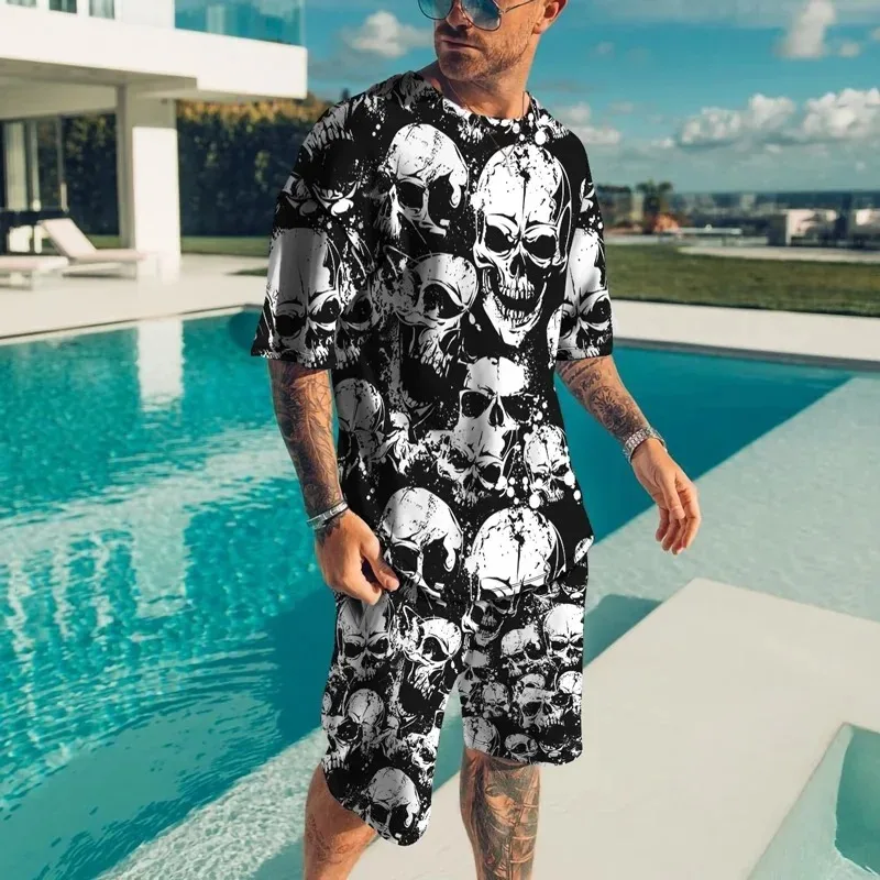

2025 Y2k Summer Street Men's Casual Fashion 3D Printed Loose Short Sleeves Outdoor Trendy Sports Shorts Novel Skeleton