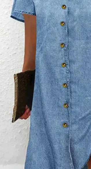 الملابس النسائية الخامس الرقبة واحدة الصدر خمر الدنيم اللباس قصيرة الأكمام فستان القميص الرجعية