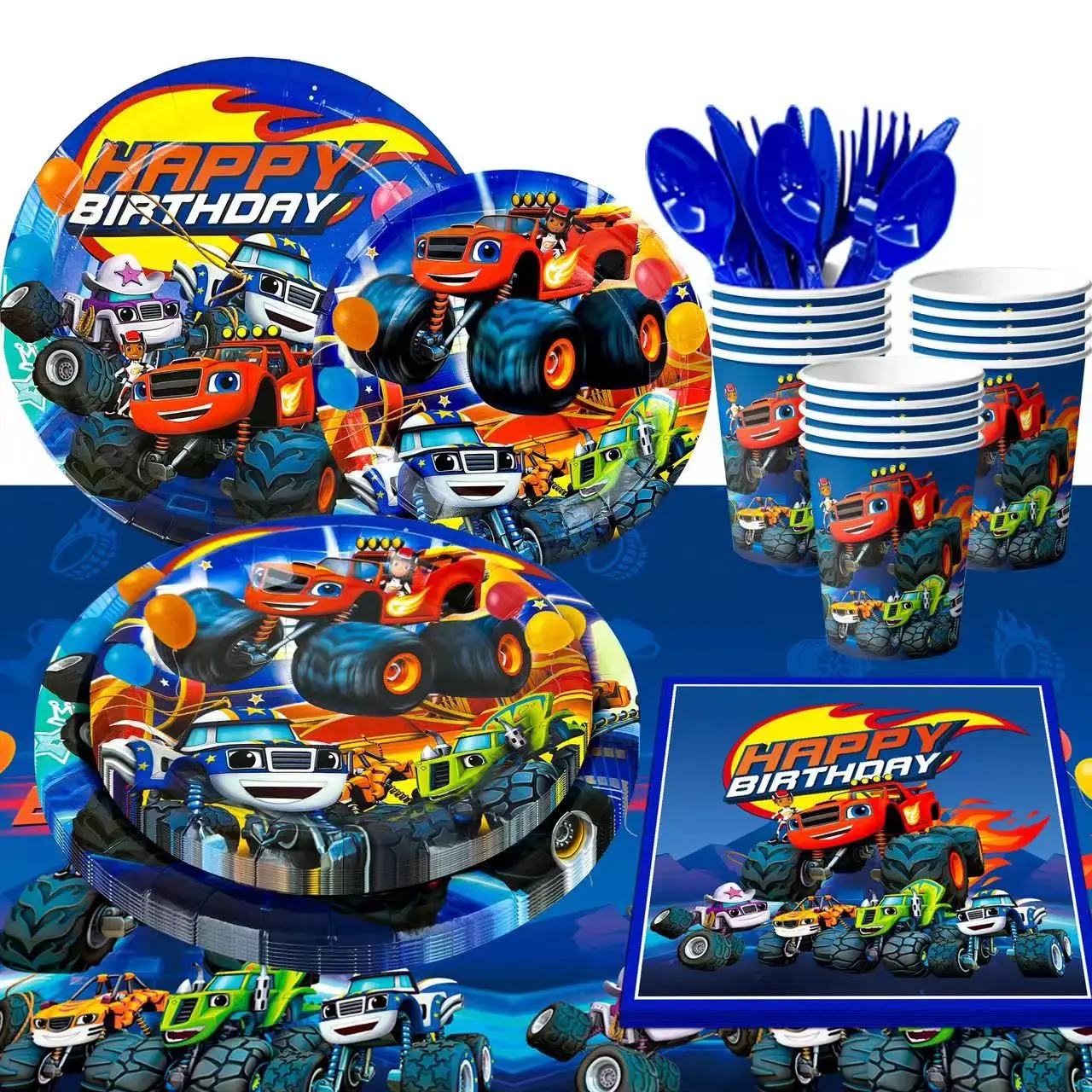 Monster Truck Birthday Party Supplies,113pcs Tableware Set-Monster Trucks Birthday Plates Napkins Paper Cups Tablecloth etc