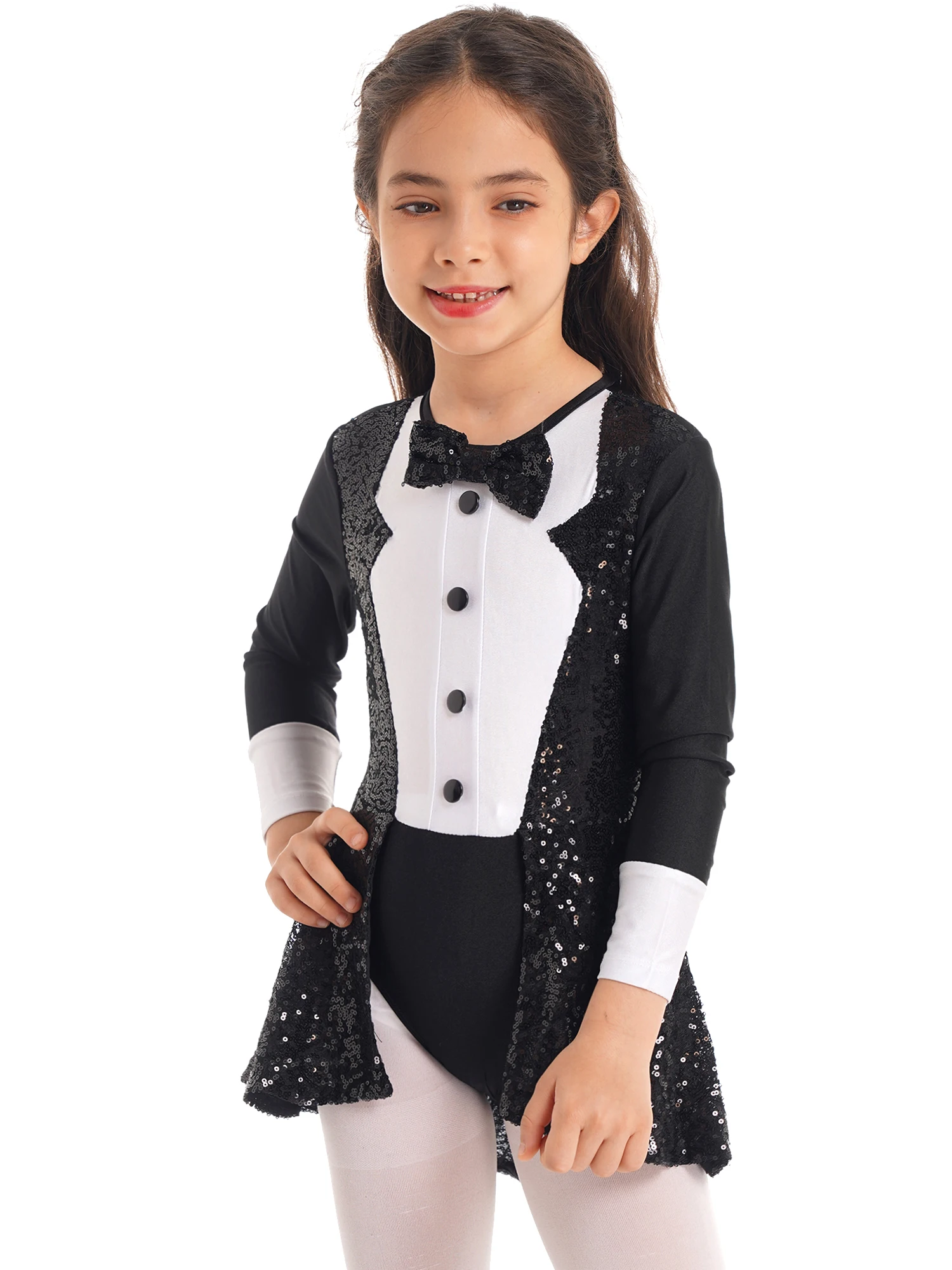 Kids Girls Sequins Leotard Ballroom Dance Dress Round Neck Dancewear Adorned Leotard with Hem Shiny Sequins Modern Jazz Costume