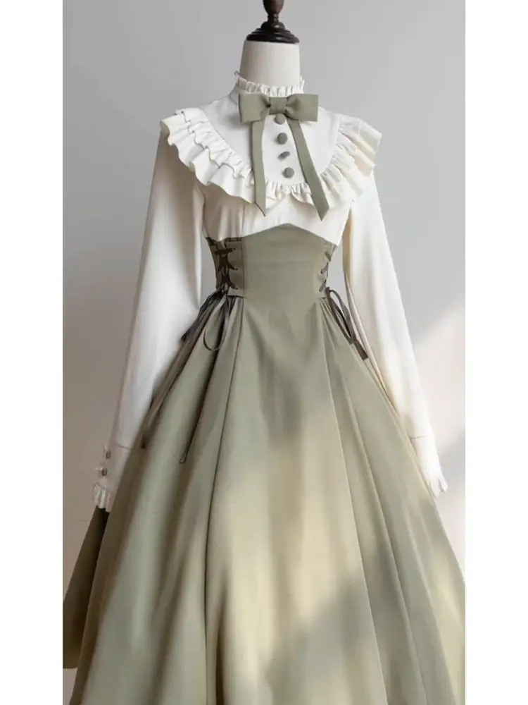 Coalfell Autumn New Elegant Princess Cla Contrast Color Fake Two-piece Dress Vintage Lolita Temperament Slim Long Dress