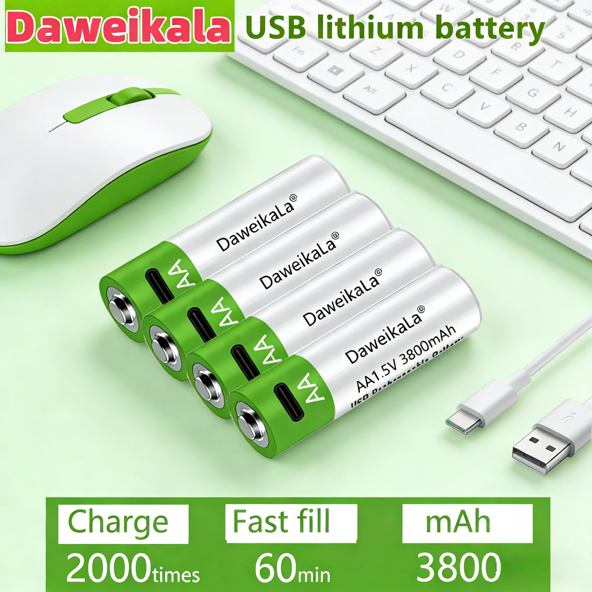 

1.5V USB AA Rechargeable Battery 3800mAh Li-ion Battery for Remote Control Mouse Electric Toy Battery + Type-C Cable