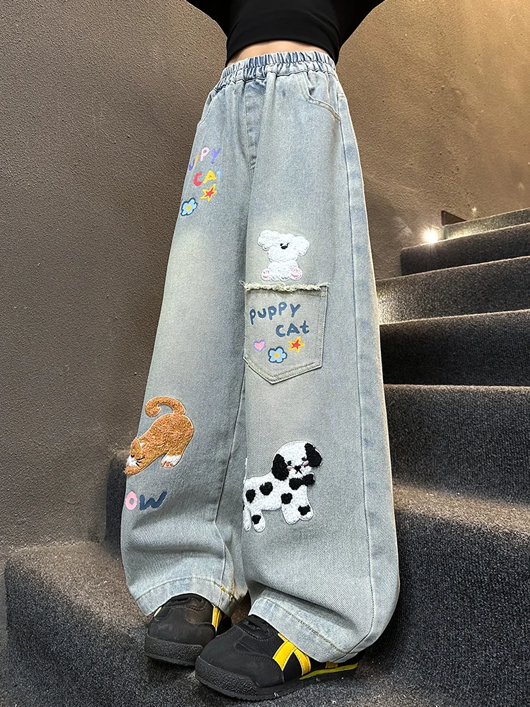 

Girls Loose Wide Leg Jeans Autumn Fashionable Children's Clothing Casual Pants Korean Style Straight Cut Natural Waist Elastic