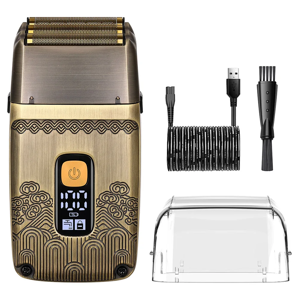 Hatteker Elektrorasierer im Vintage-Stil für Männer, LED-Anzeige, wiederaufladbarer USB-Folienrasierer mit Reinigungsbürste und Aufbewahrungskoffer