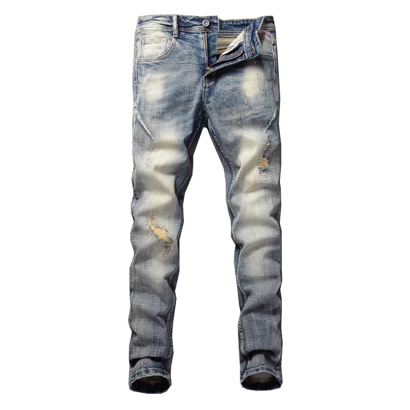 Fashion Designer Men Jeans Retro Trousers Stretch Elastic Slim Fit Ripped Jeans Men Patched Vintage Casual Denim Pants Hombre