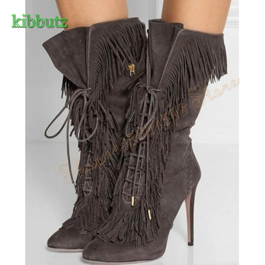 Tassel Suede Lace Up High Heel Boots,Pointed Toe Zippered Stiletto Mid Calf Boots Retro Women Boots 2023 New Zapatos Para Mujere