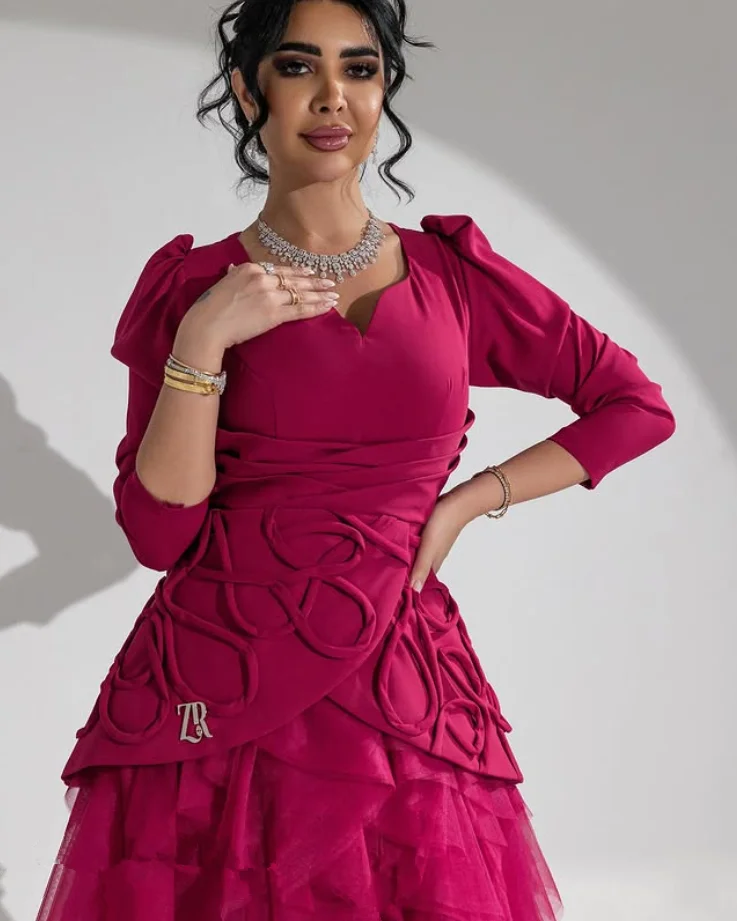 Fuchasia 발목 길이 아랍어 댄스 파티 공식 드레스 긴 소매 프릴 투투 스커트 맞춤형 이브닝 가운 فساتين سهرة