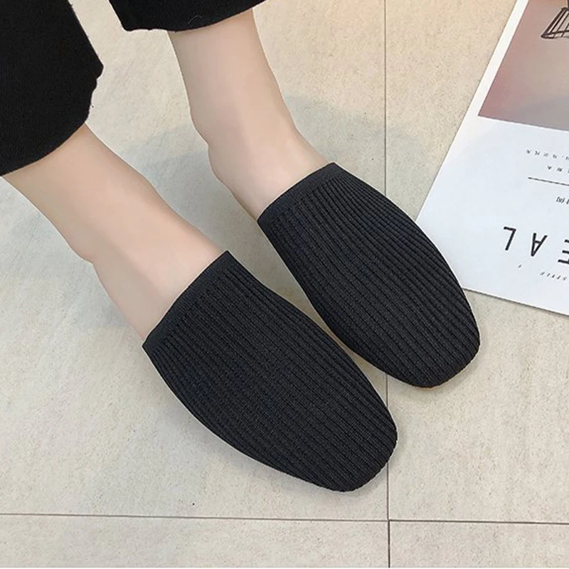 2022 Women Mules Slippers Female Summer Flats Sandals Knit Fabric Stretch Slides Holiday Beach Shoes Square Heel Square Toe Flat