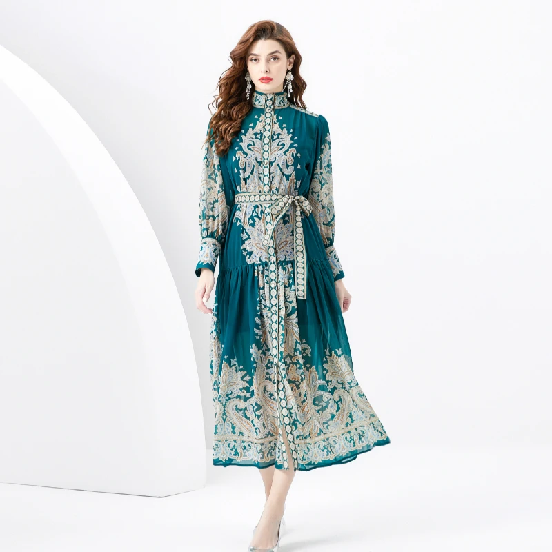 2024 Spring Palace Style Stan Neck Lantern Sleeves Wave Edge Single Breasted Lace Up Waist Wrapped Vintage Printed Chiffo Dress