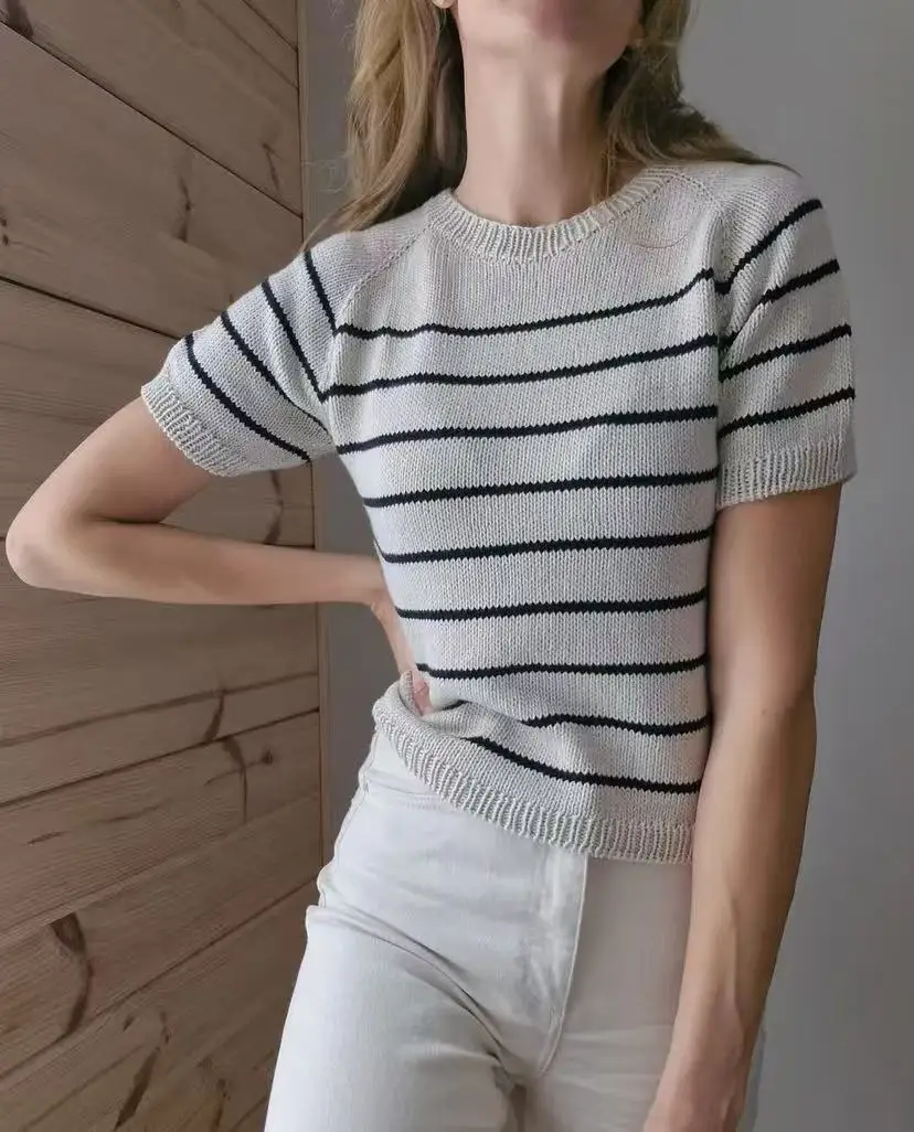 Korean retro style fashionable versatile striped short sleeved knitted top for women, looks taller in summer