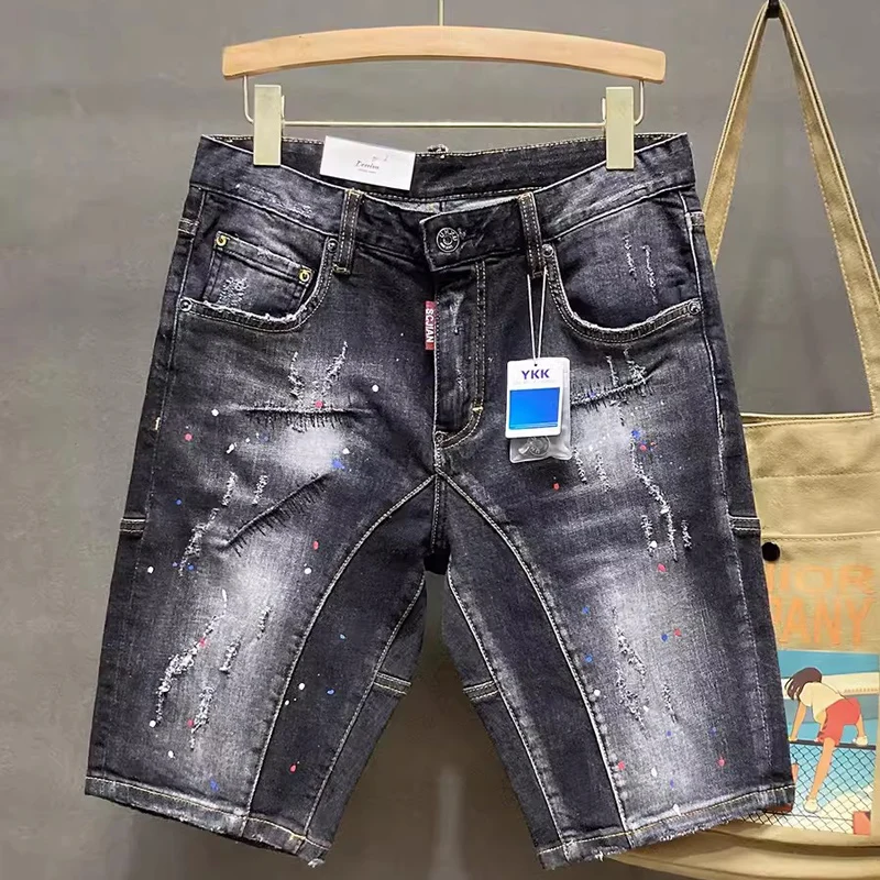 Zomermode Heren Jeans Retro Zwart Grijs Stretch Slim Fit Gescheurde Korte Jeans Homme Vintage Designer Hiphop Denim Shorts Heren