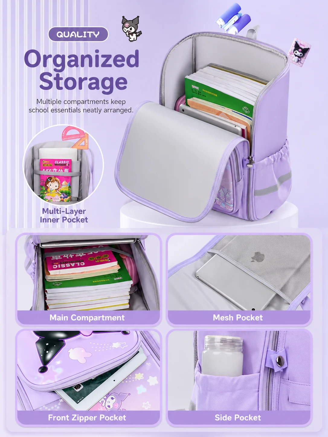 Sanrio Grade 1-6 Primary School Backpack Ergonomic Backpack Lightweight Back To School Girls Cute Multi-Layer Storage School Bag view 3