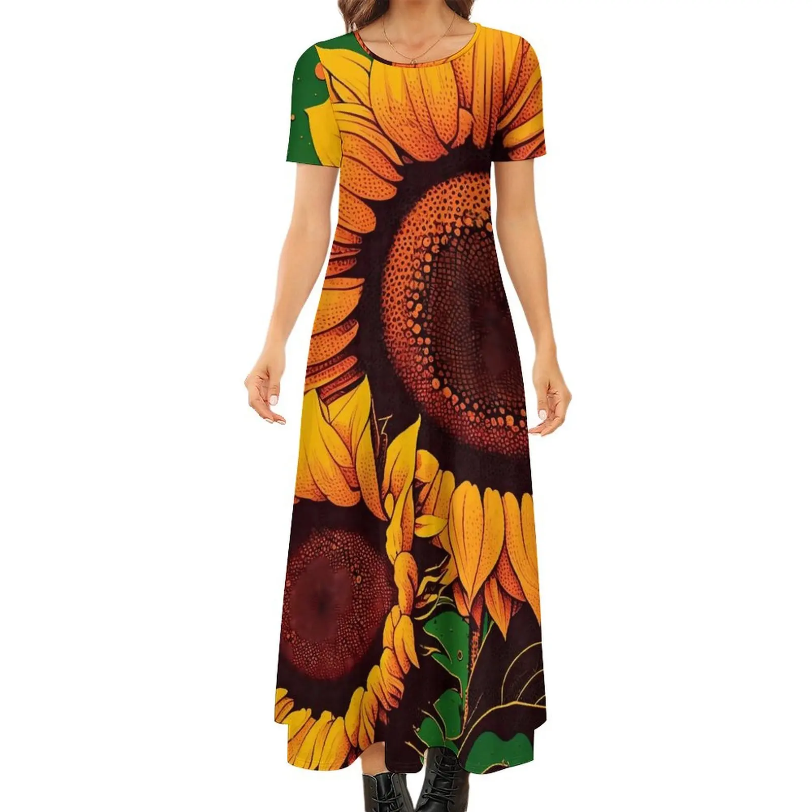 

Sunflower Print Dress Yellow Flowers Funny Bohemia Long Dresses Women Modern Maxi Dress Big Size