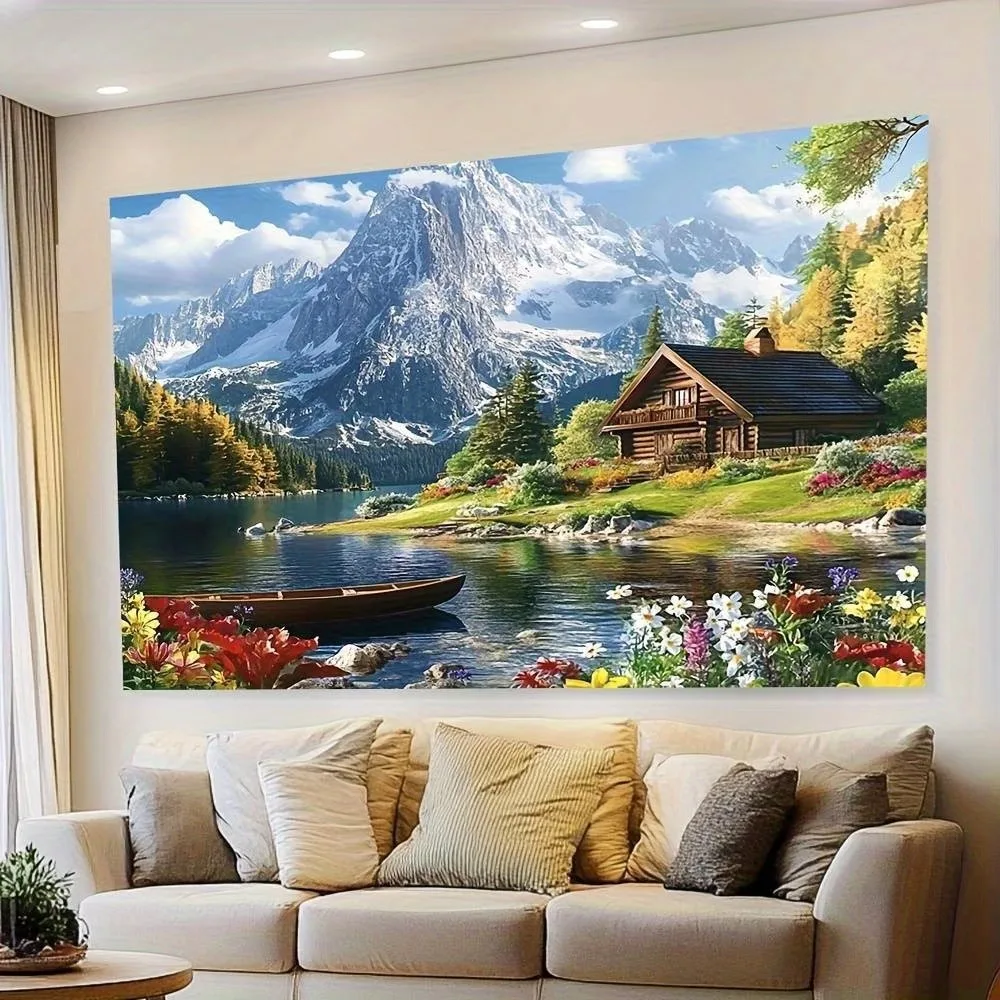 VIKAMA Natural Forest Waterfall Tapestry, Wooden Bridge Landscape Wall Decor, Living Room and Bedroom Healing Scenic Decoration