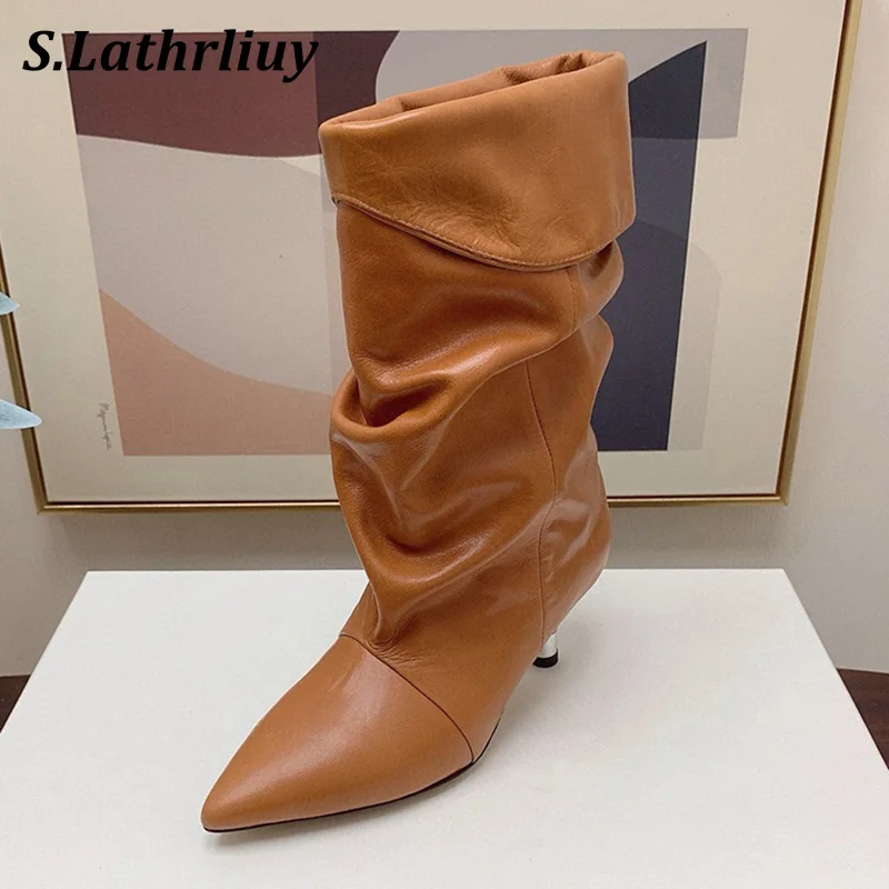 2024 Autumn Winter Genuine Leather Pleated Modern Boots Women's Pointed Toe Mid Heels Ankle Boots Sexy Thin Heels Short Botas