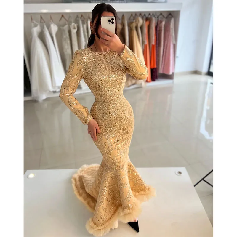 Vestido sereia dourado com lantejoulas, Vestidos longos para ocasiões especiais, Festa de baile elegante, Mangas compridas