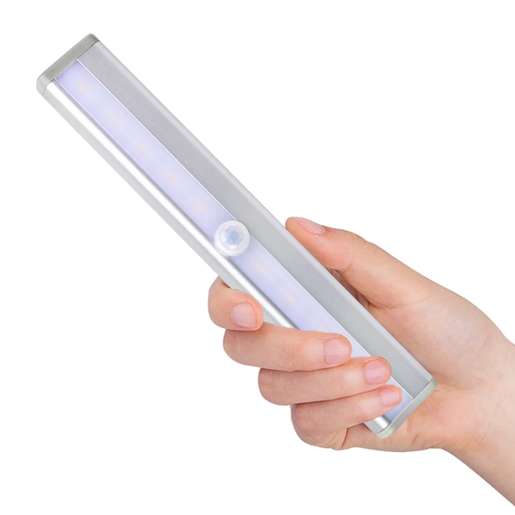 Wireless 10LED Nightlight Rechargeable Motion LED Night Light Magnetic Strip Stick-on Closet Sensing Lamp (Silver with Pure Whit