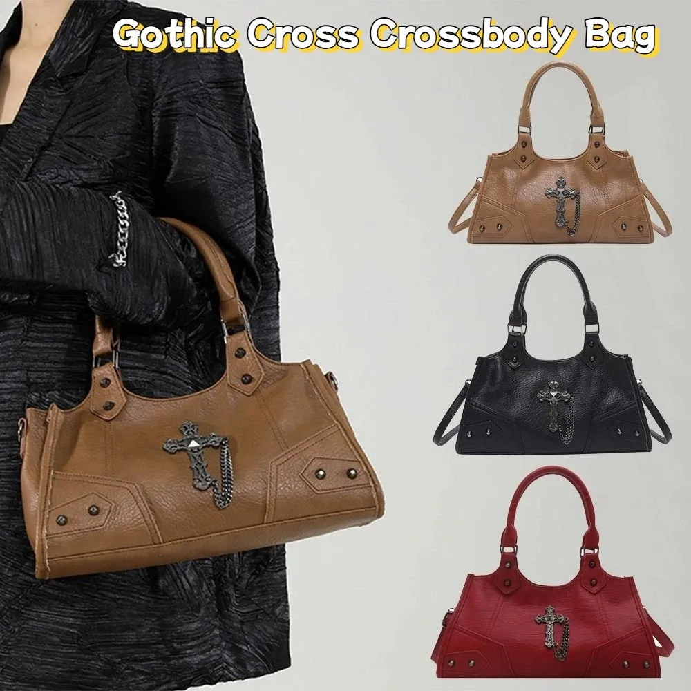 

PU Leather Gothic Cross Crossbody Bag Large Capacity Fashion Design Locomotive Style Underarm Bag Solid Color Korean Style