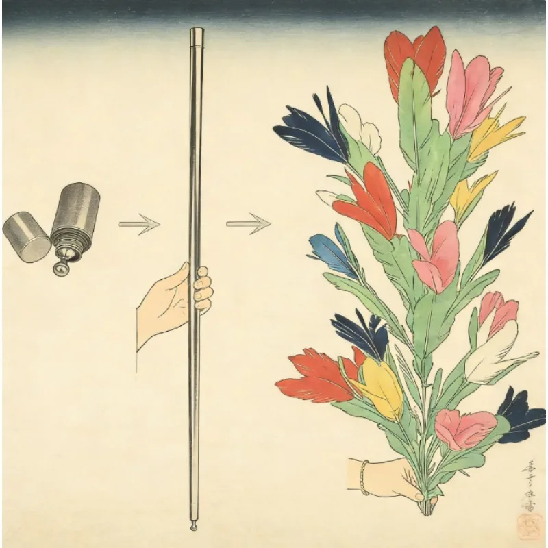 Cane to Flower Magic Trick Silver Wand Vanishing Cane Transformation to 21 Flowers Bouquet Stage Illusion Gimmicks Props