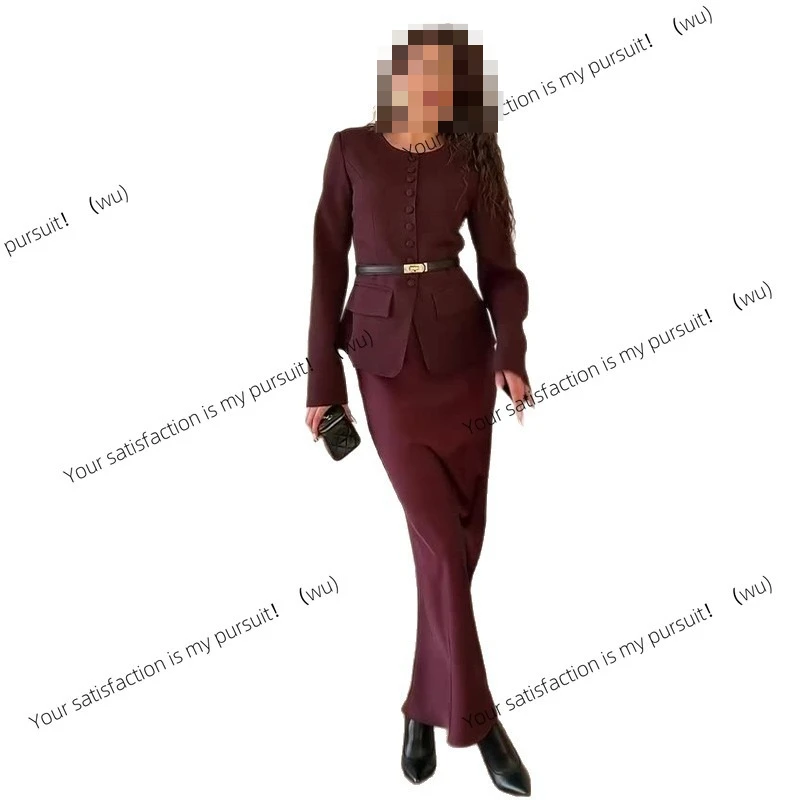 Conjunto de falda de moda elegante y delgada de manga larga con cuello redondo para mujer