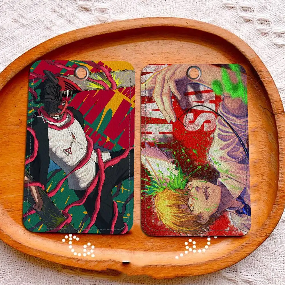 Anime Chainsaw Man Rectangle ID Card Case Keychain Access Card Bag Key Tag Ring Leather Card Holder Key Ring Access