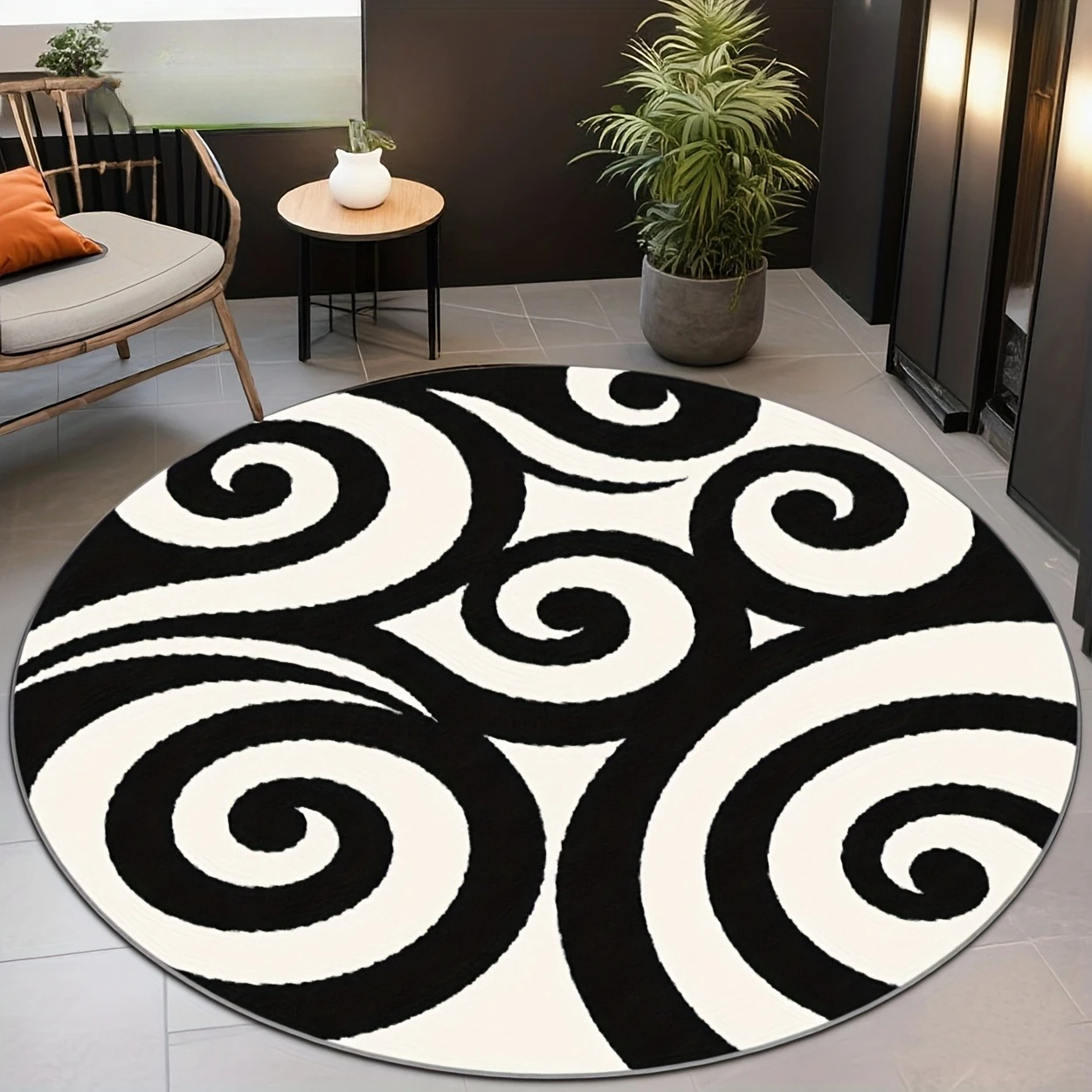Black White Abstract Swirl Round Rug  Modern Contrast Spiral Circular Mat Minimalist Chair Floor Carpet for Living Room Bedroom