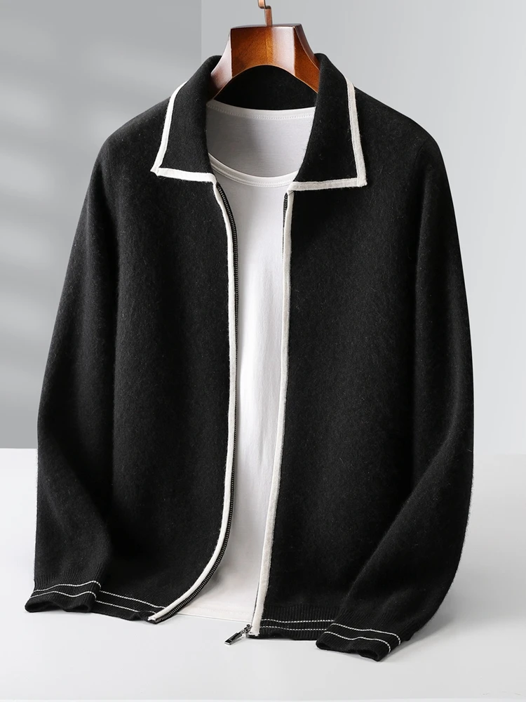 Men's Sweater Polo Collar Coat 100% Merino Wool Cardigan Clothing Autumn Winter Sweater Korean Knit Thick Zip Open Stitch Jacket