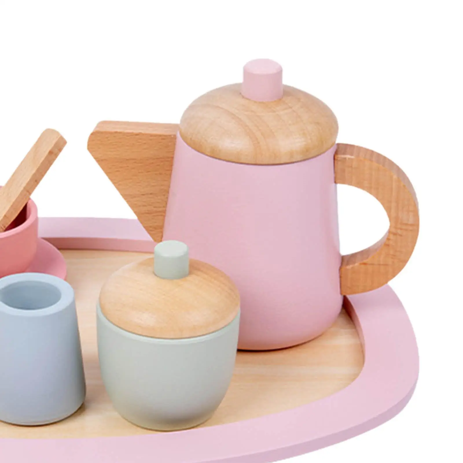 Wooden Tea Set Cup Saucers Spoons Tray Pretend Tableware Set for Party Favors Children Boy Girl Toddlers Preschool