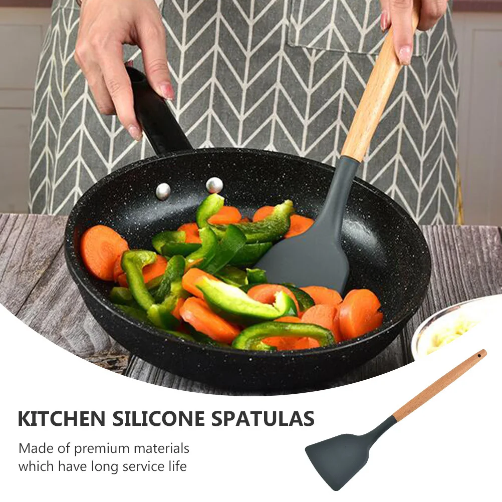 

2Pcs Kitchen Silicone Spatulas Dark Grey Heat Resistant Non-Stick Pot Cooking Tools Wooden Handle Multipurpose