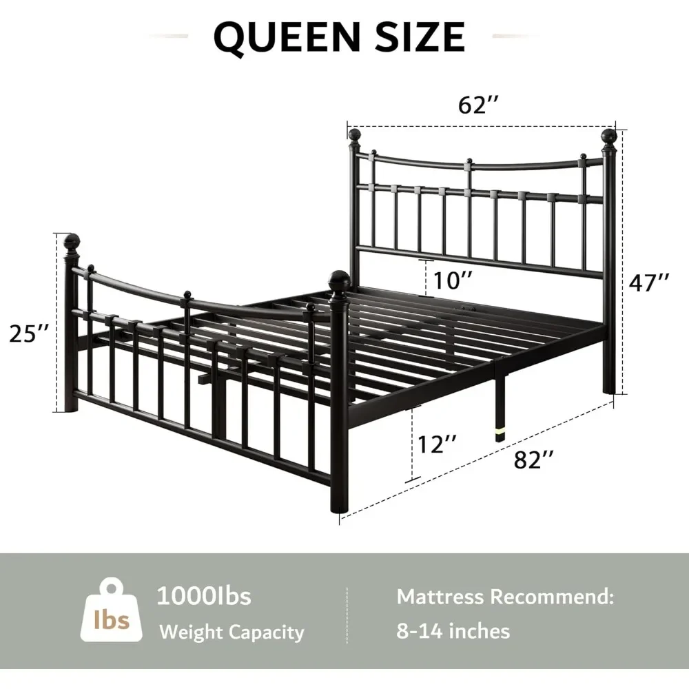 Queen Size Bed Frame with 14 Steel Slats Support, Iron-Art Headboard and Footboard, 14 Inch Metal Platform Bed Frame