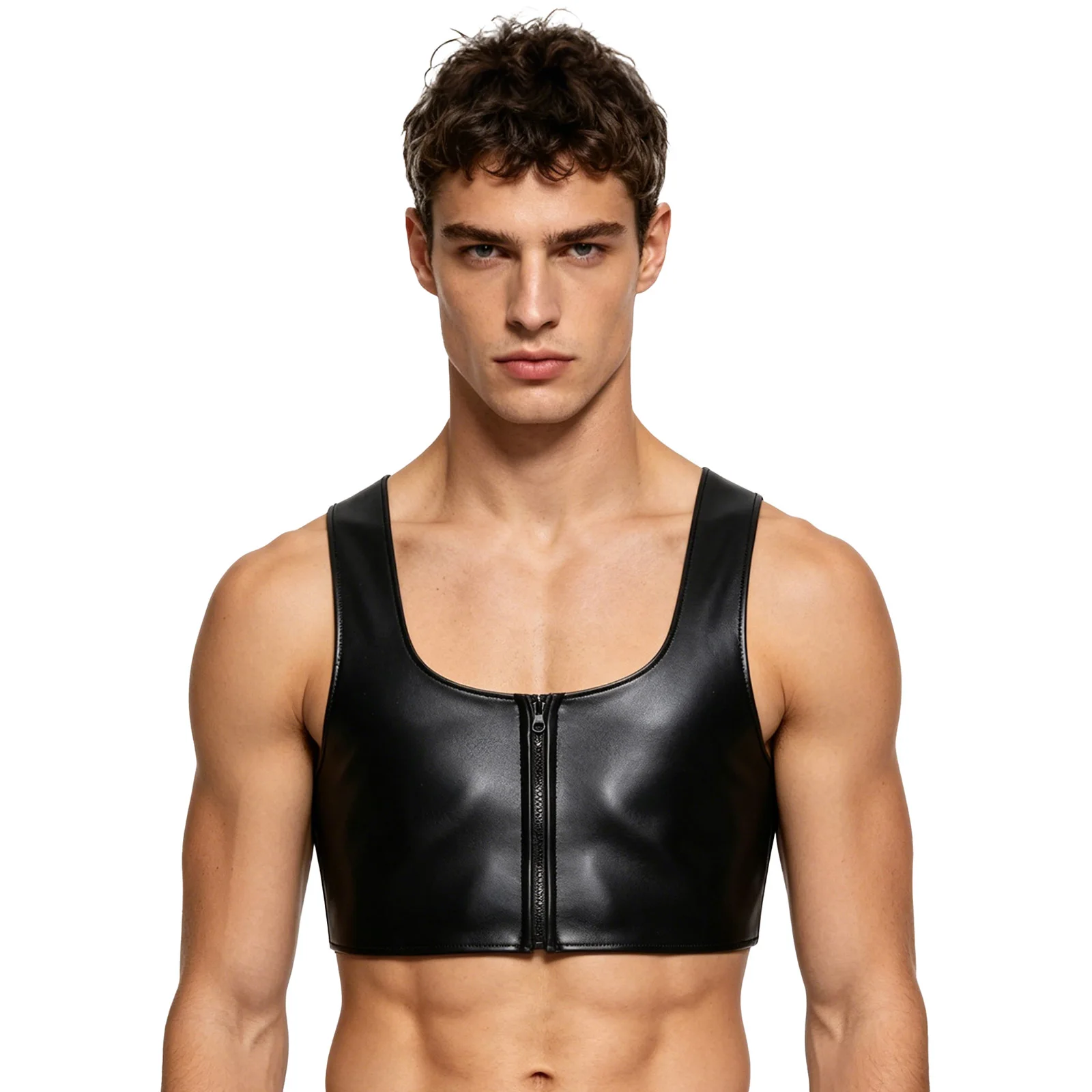 Mens Front Zipper Matte Faux Leather Crop Top Biker Tank Clubwear Motorcycle Outerwear Low Square Neck Club Vest Disco Costume