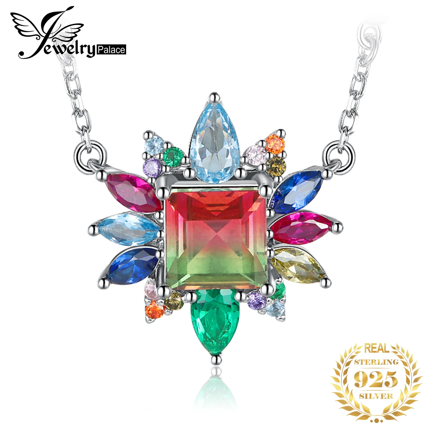 

JewelryPalace New Arrival Nano Simulated Watermelon Tourmaline Created Ruby 925 Sterling Silver Pendant Necklace for Woman 45cm