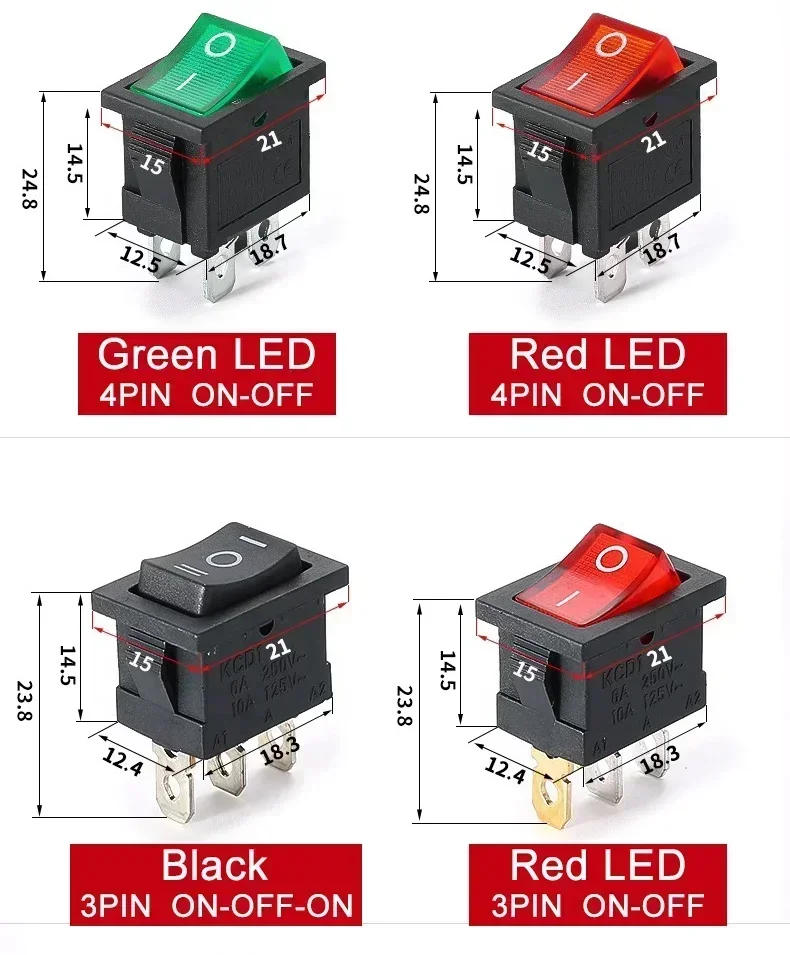 5pcs KCD1 Boat Car Rocker Position Power Switch 21*15mm 6A/250V 10A125V 2PIN 3Pin 4Pin 6 Pin Black White Red Green Power Switch