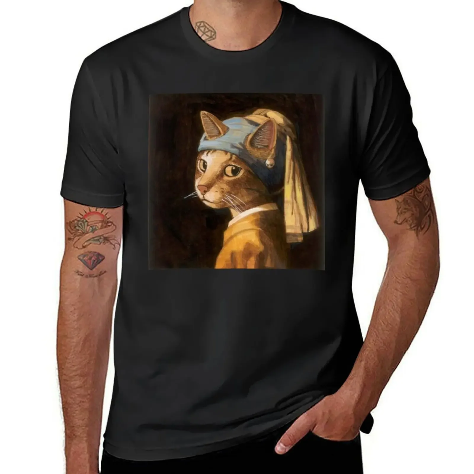 Cat With a Pearl Earring T-Shirt anime tshirt baggy shirts Clothing custom t shirt oversized t shirts for men