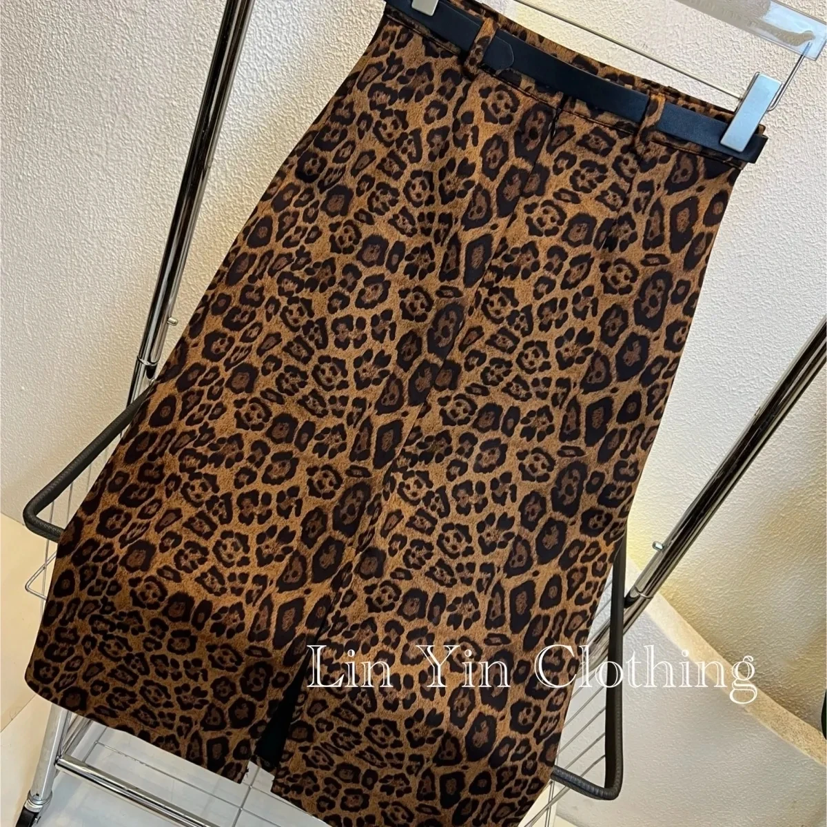 Spring Leopard print Long Skirt, for Women, 2024 Autumn Winter, High Waist Retro Split deer skin velvet Skirts