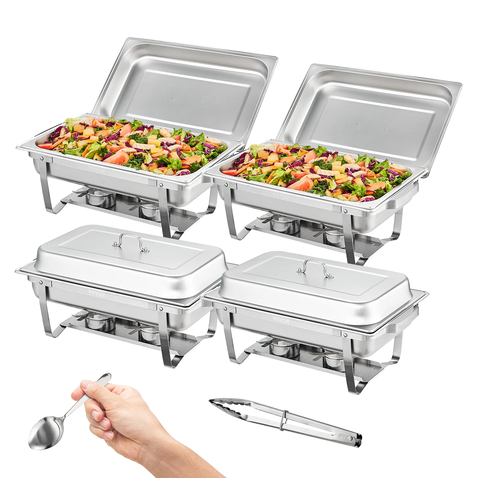 VEVOR Chafing Dish Buffet Set 4 Packs 8 Quart Stainless Steel Rectangular Chafing Full Size Food Pan Chafing Servers With Cover