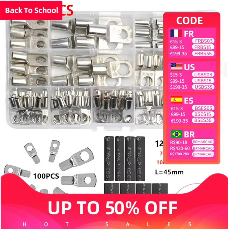 

220Pcs SC Bare Tinned Copper Lugs Terminals Ring Terminal Heat Shrink Tubing Cable Crimped/Soldered Terminal Kit