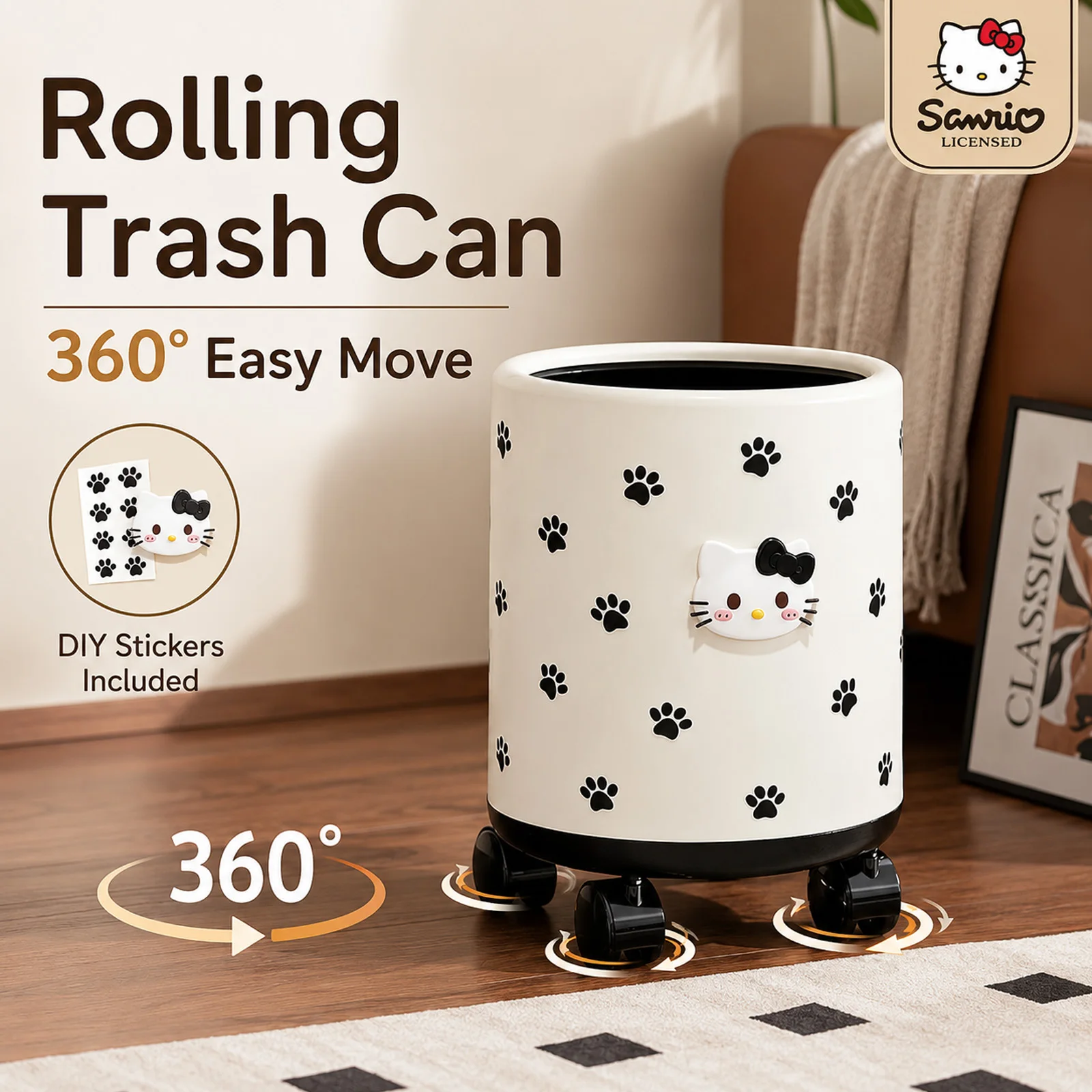 

Sanrio Hello Kitty Rolling Trash Can with 360 Universal Wheels Large Capacity Household Waste Bin with Free DIY Stickers