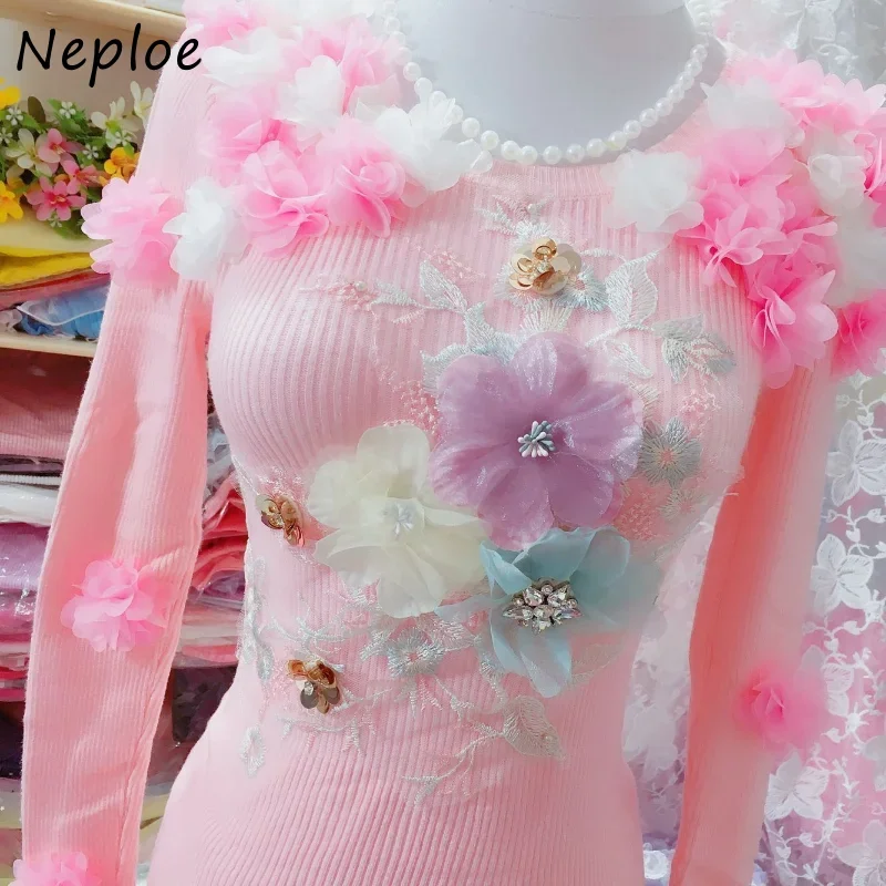 Neploe Vintage Jersey Mujer sweter Y2k O szyi jednolity kolor z długim rękawem Pull Femme 3D kwiatowy diamenty koronki Patchwork bluzy