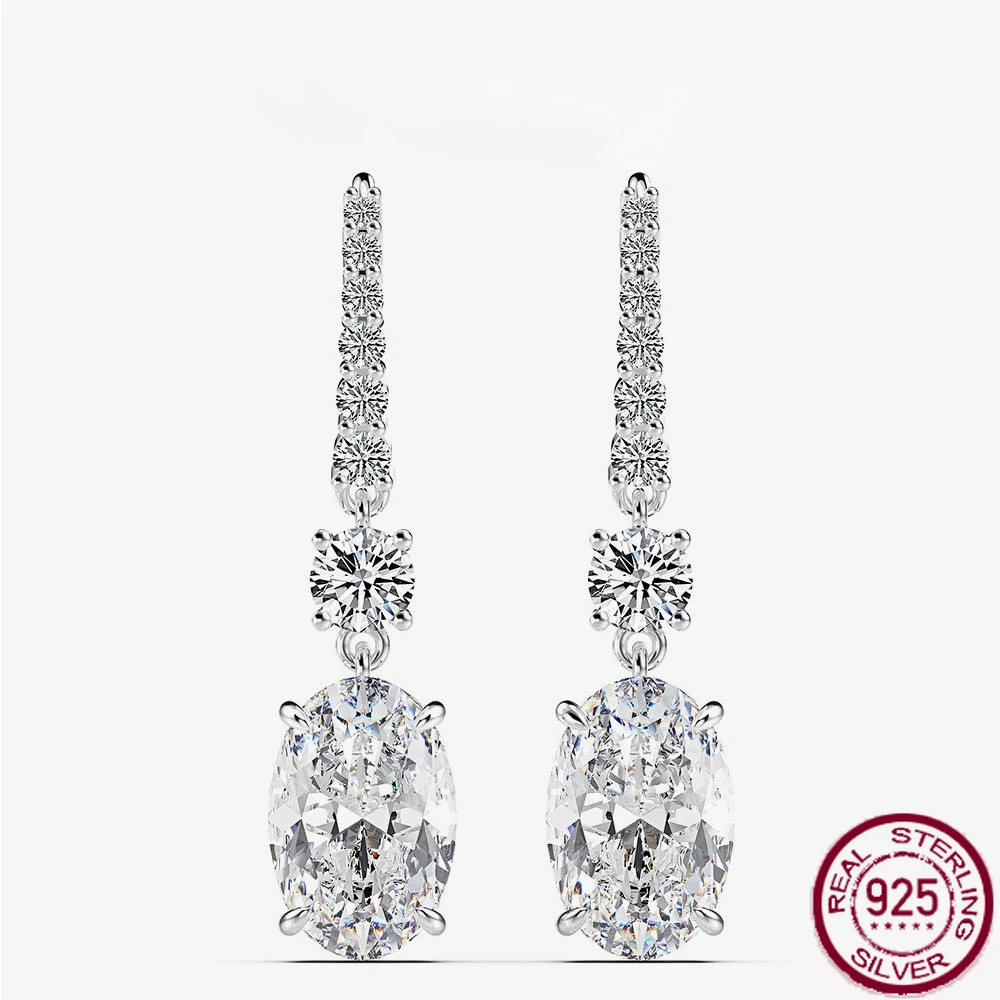 

New 925 Pure Silver Ear Hook 3 Carat Egg Shaped Round Pointed Bottom 8 * 12 Long Ins Female Earrings Fashionable and Versatile