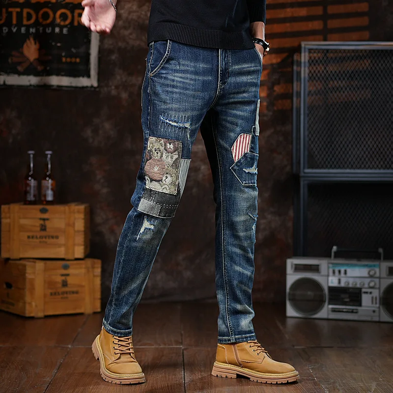 Needle sewn patchwork embroidered jeans for men, slim fit straight leg, personalized, fashionable, retro and trendy street pants