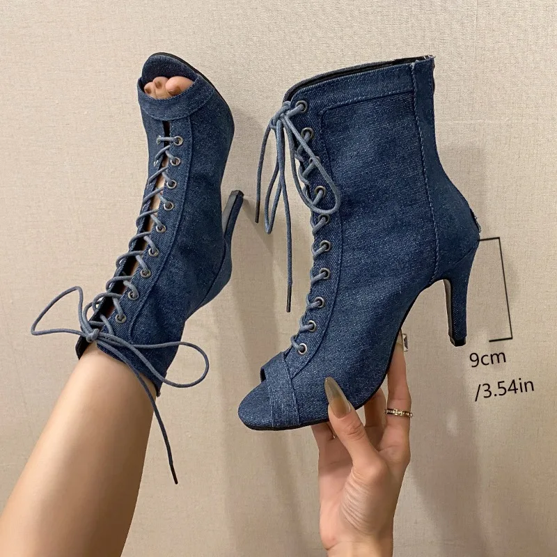 جديد كلاسيكي الأزرق الدنيم النسيج عبر حزام اللمحة تو النساء حذاء من الجلد الصيف مثير أنيقة عالية الكعب فستان الحفلات مضخات الصنادل #6