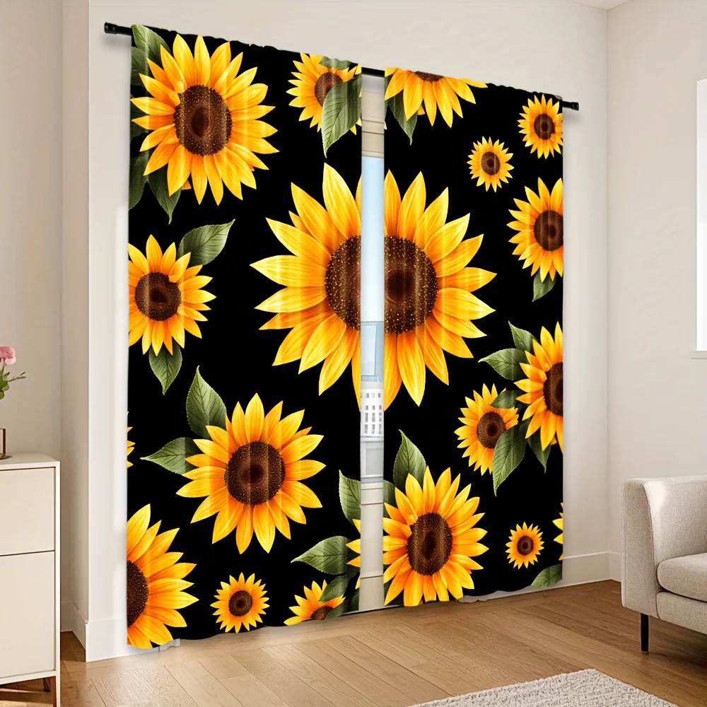 2pcs Sunflower Blackout Curtains Bright Yellow Floral Window Drapes for Living Room Summer Decor 2 Panel Set