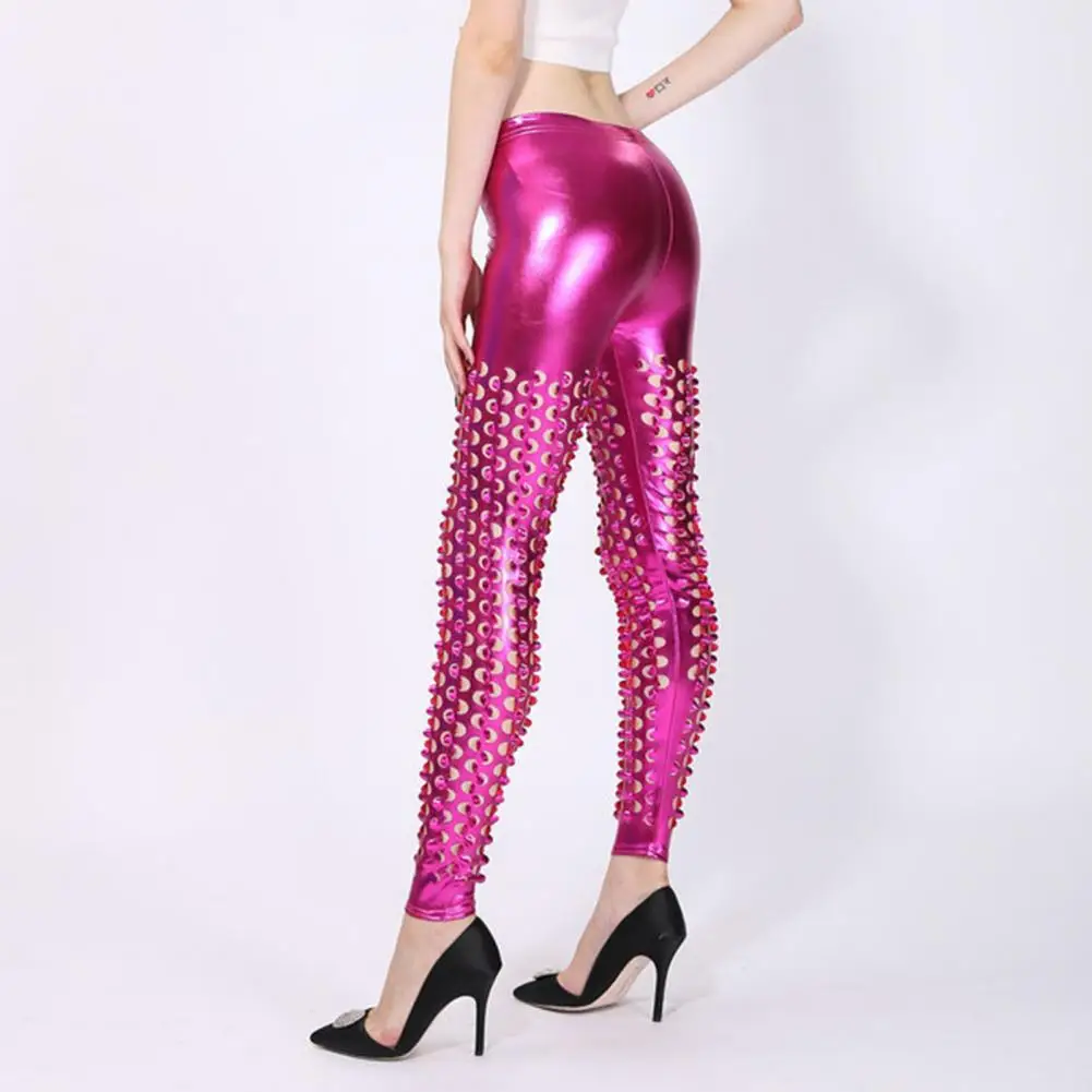 

Hollow Women Trousers Shiny Fish Scale Skinny Pants for Women Elastic Waist Clubwear Trousers with Rack Band for Stage