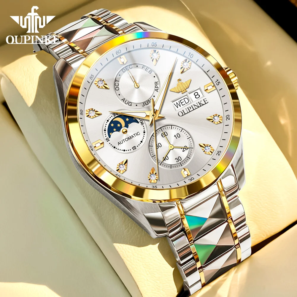 OUPINKE 3298 Original Luxury Mens Watch Automatic Mechanical Watch﻿ Waterproof Luminous Week Date Watches For Man Tungsten Steel