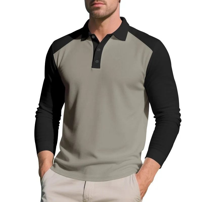 T-shirt Collar T-shirt Slim Fit Pique Knit Contrast Sleeve Solid Color Button Placket Ribbed Collar Men's Casual Top Olive